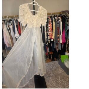 Vintage 70's Tosca Peignoir Set White Lace Robe, Chiffon Gown L Babydoll Bridal